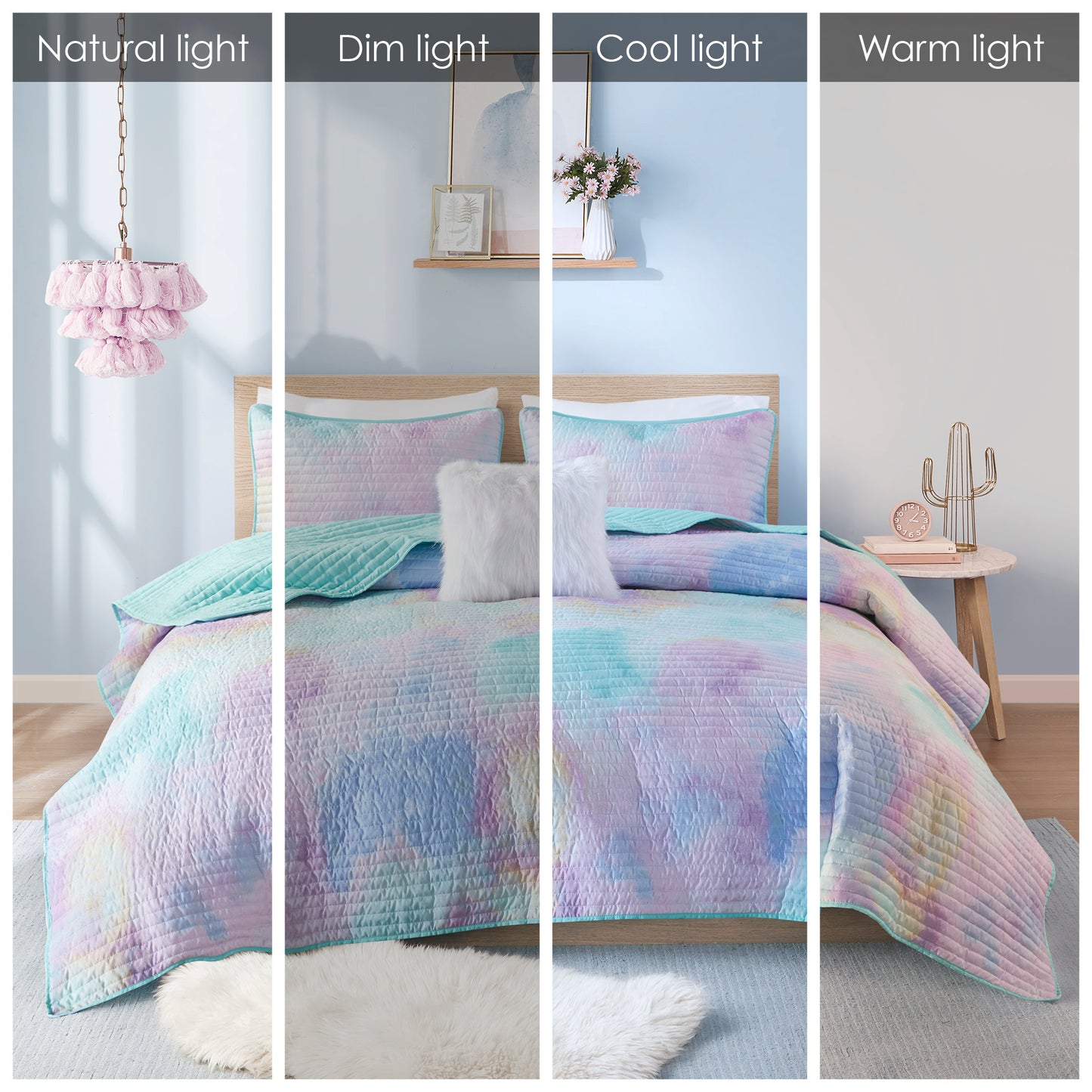 Intelligent Design Watercolor Tie Dye Printed Quilt Set with Throw Pillow