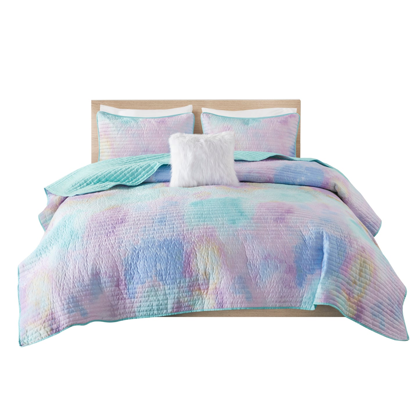 Intelligent Design Watercolor Tie Dye Printed Quilt Set with Throw Pillow