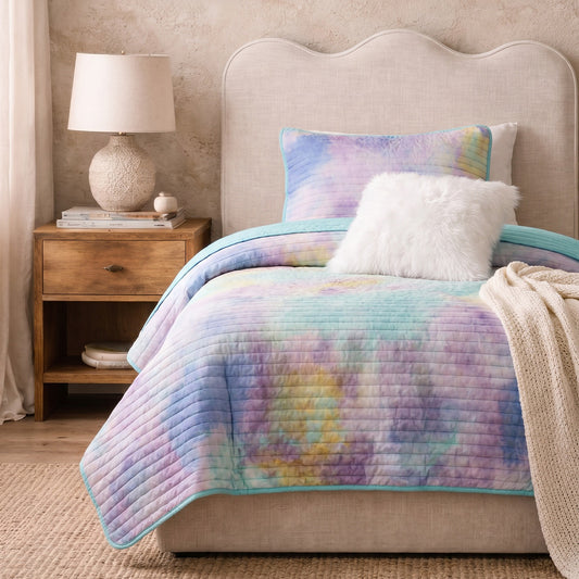 Cassiopeia Watercolor Tie Dye Printed Quilt Set with Throw Pillow