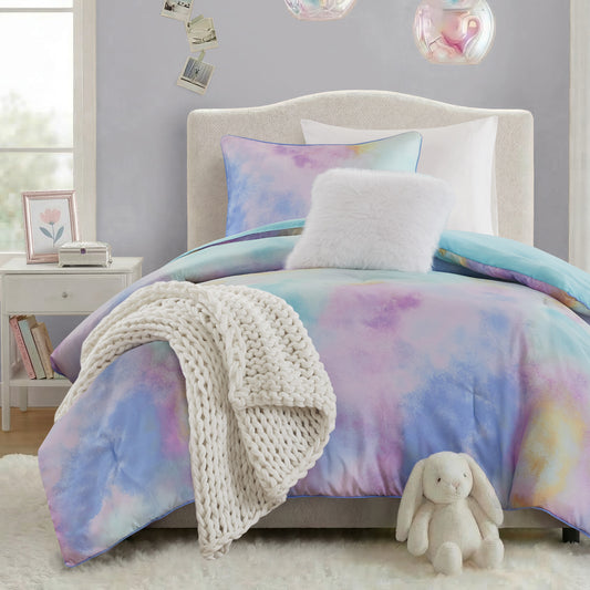 Cassiopeia Watercolor Tie Dye Printed Comforter Set with Throw Pillow
