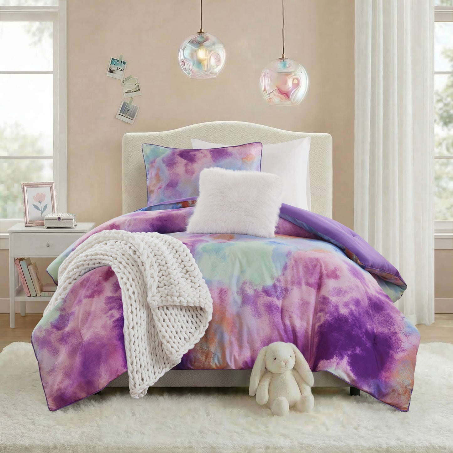 Cassiopeia Watercolor Tie Dye Printed Comforter Set with Throw Pillow