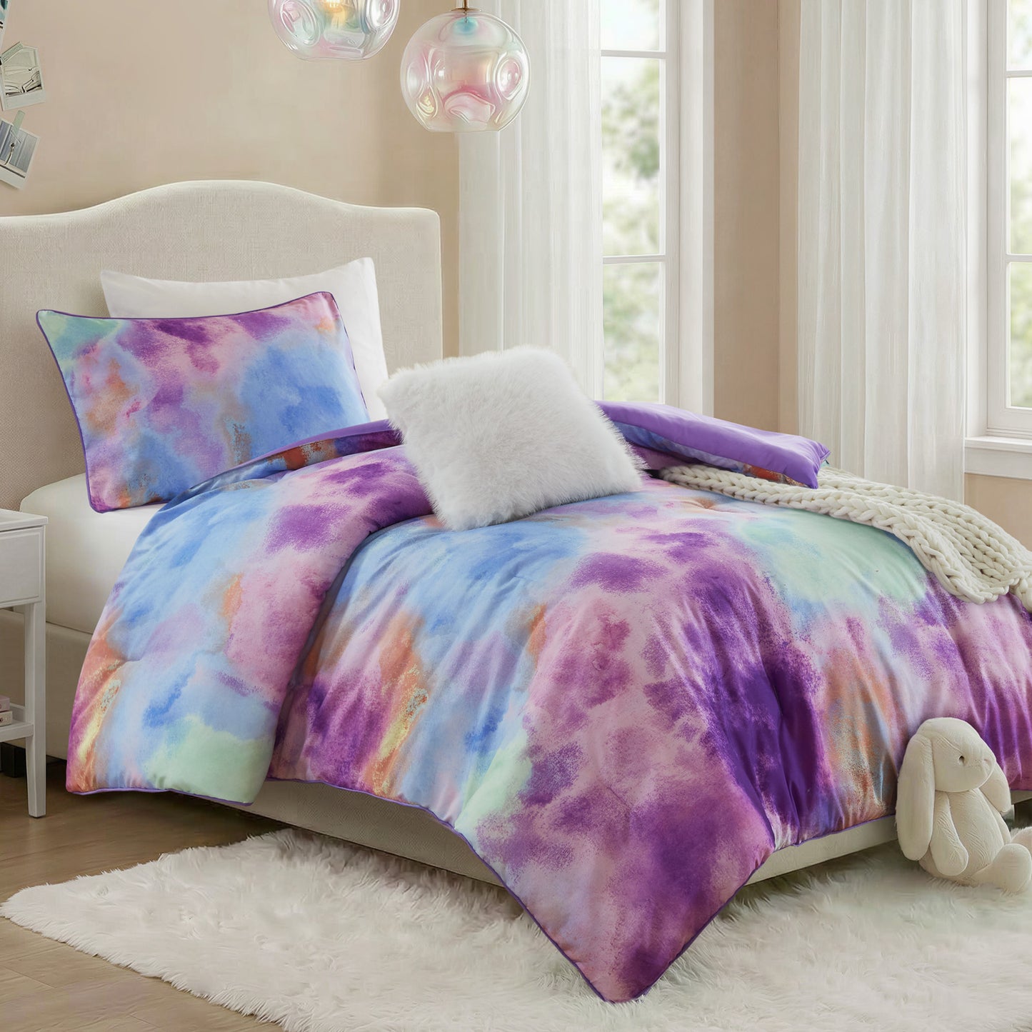 Cassiopeia Watercolor Tie Dye Printed Comforter Set with Throw Pillow