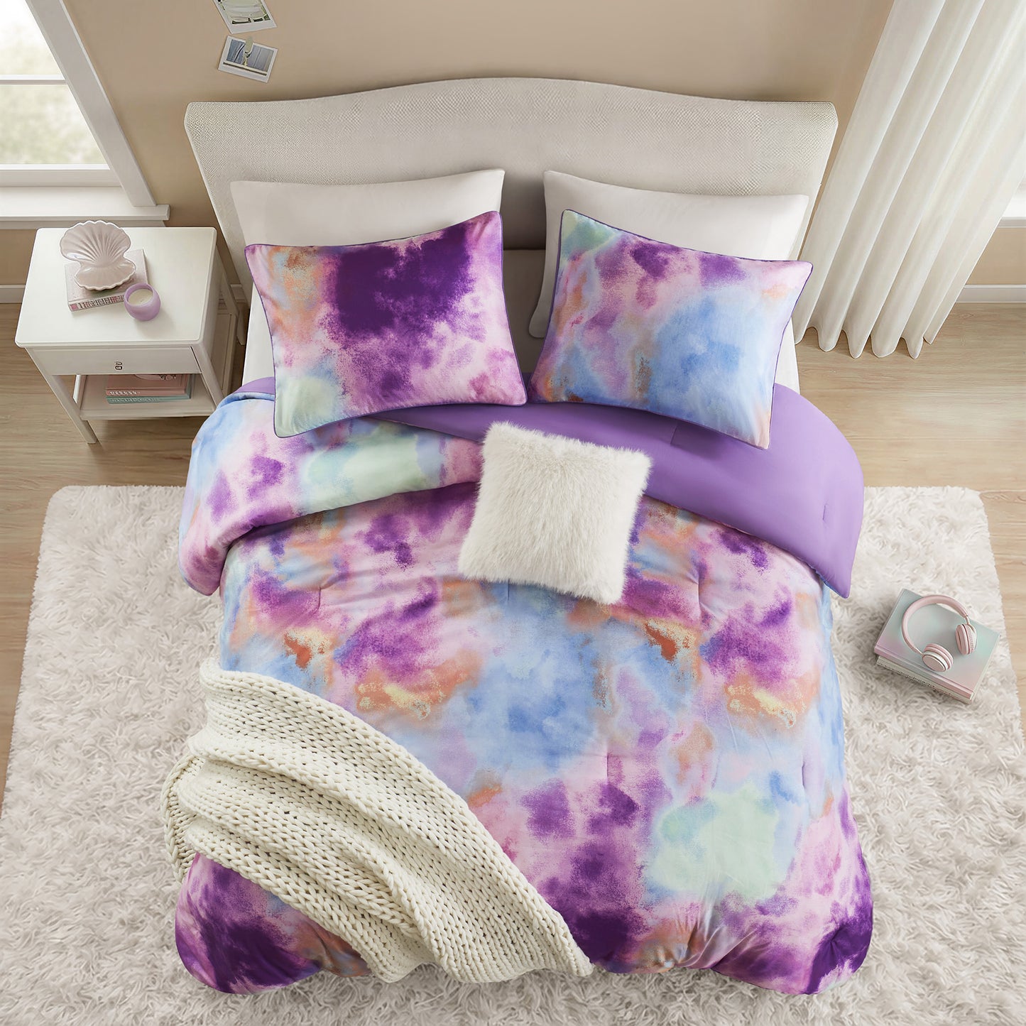 Cassiopeia Watercolor Tie Dye Printed Comforter Set with Throw Pillow