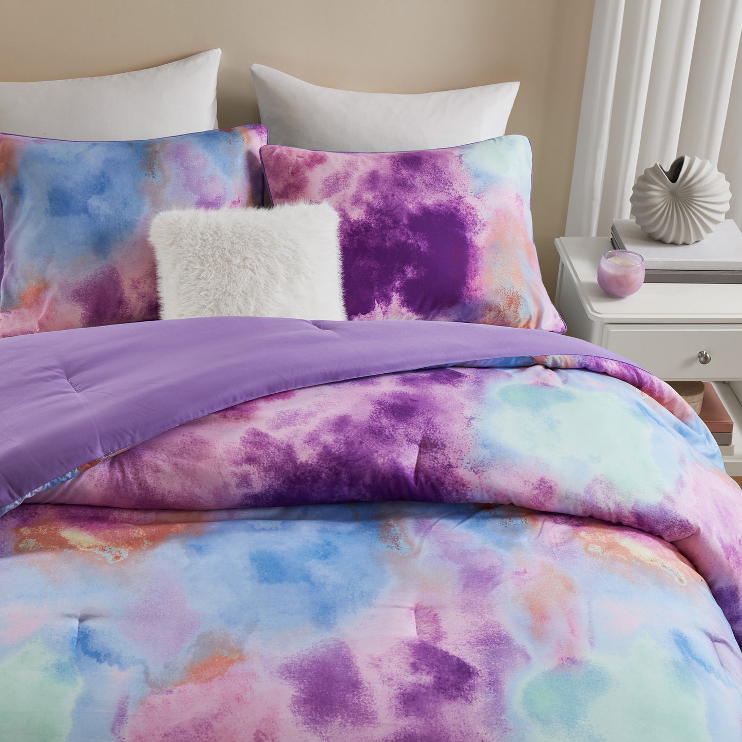 Cassiopeia Watercolor Tie Dye Printed Comforter Set with Throw Pillow