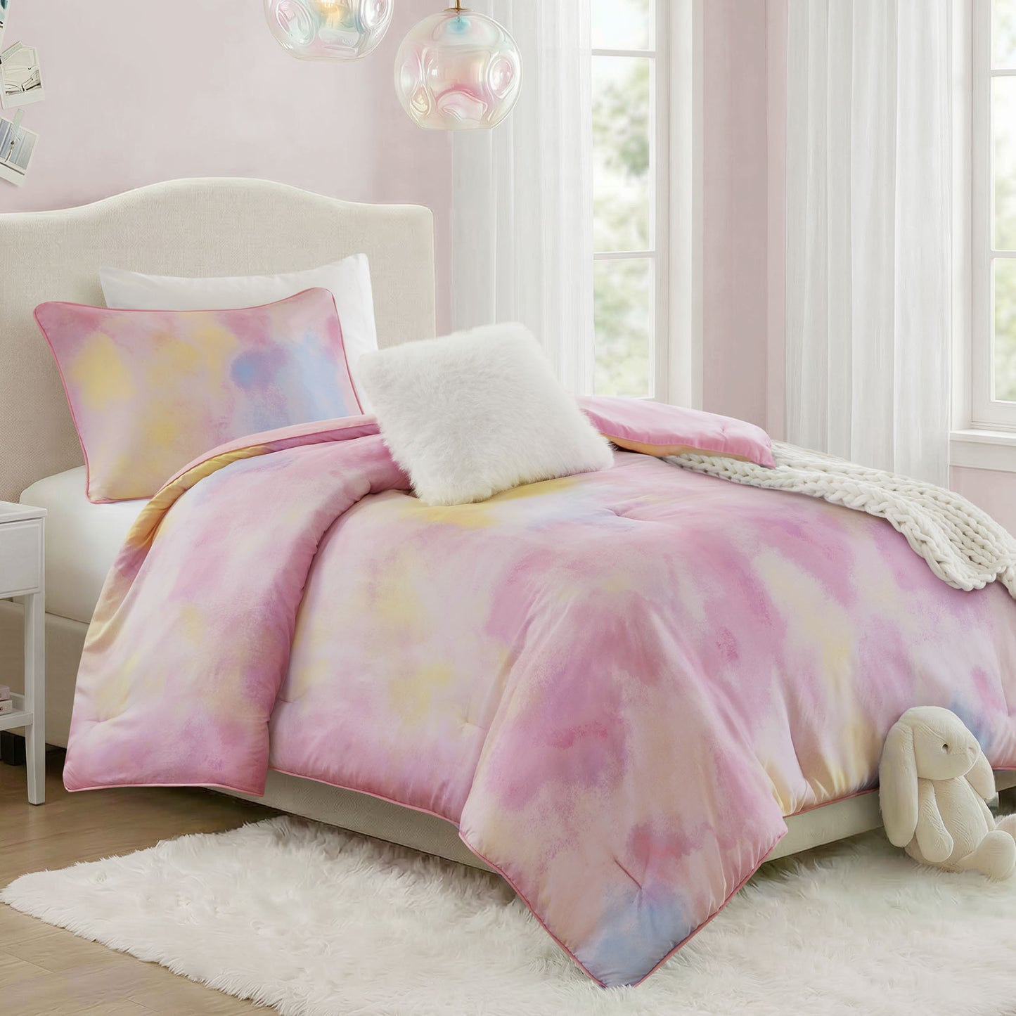 Cassiopeia Watercolor Tie Dye Printed Comforter Set with Throw Pillow