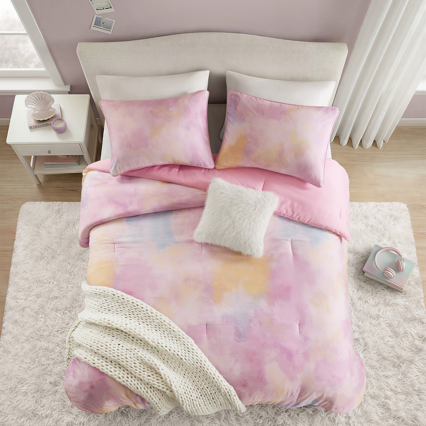 Cassiopeia Watercolor Tie Dye Printed Comforter Set with Throw Pillow