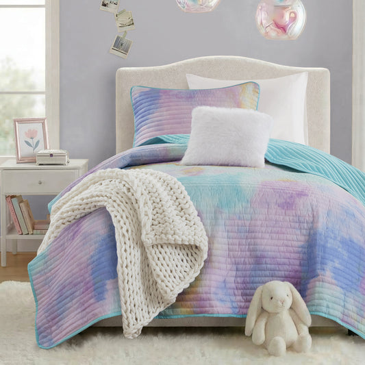Cassiopeia Watercolor Tie Dye Printed Quilt Set with Throw Pillow