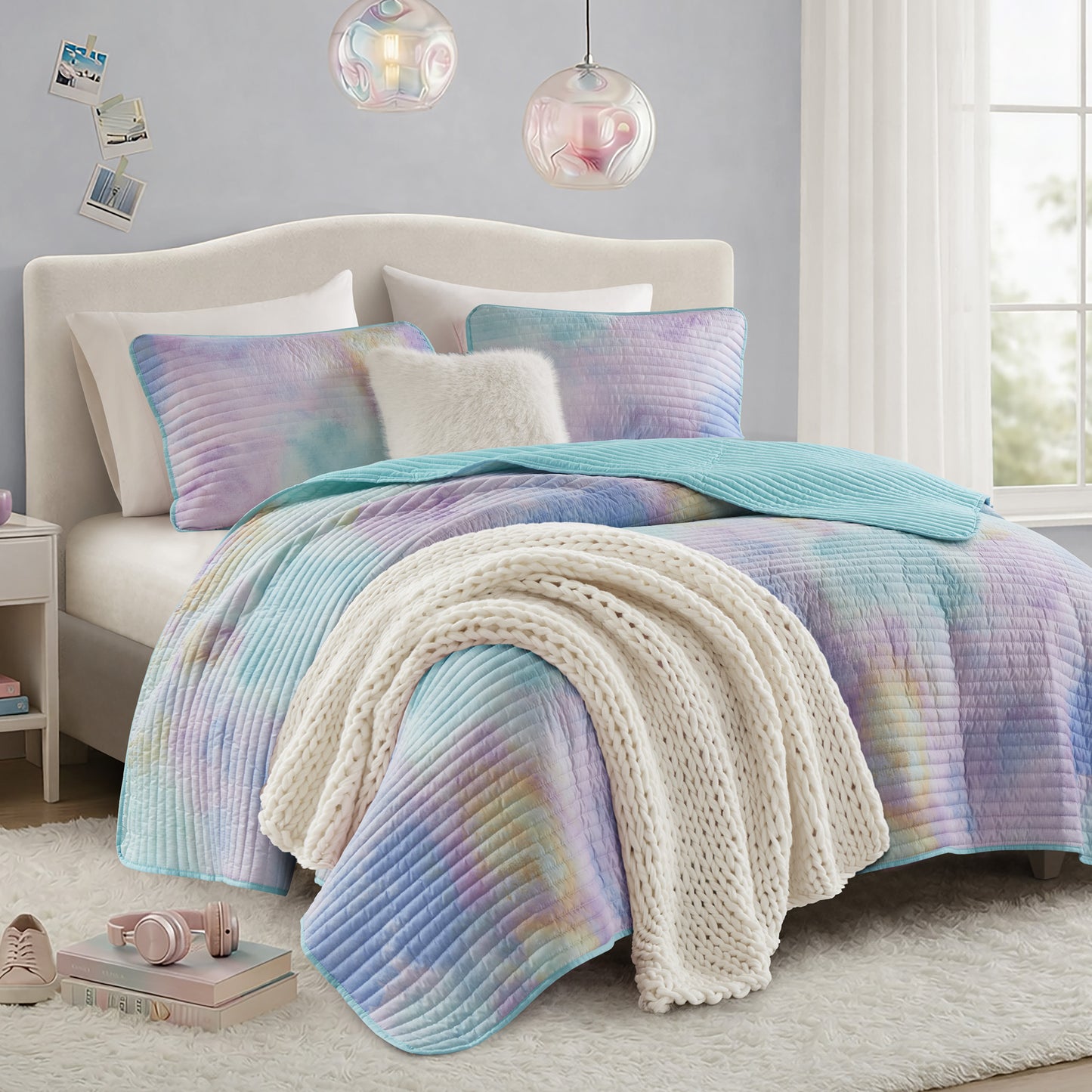 Cassiopeia Watercolor Tie Dye Printed Quilt Set with Throw Pillow