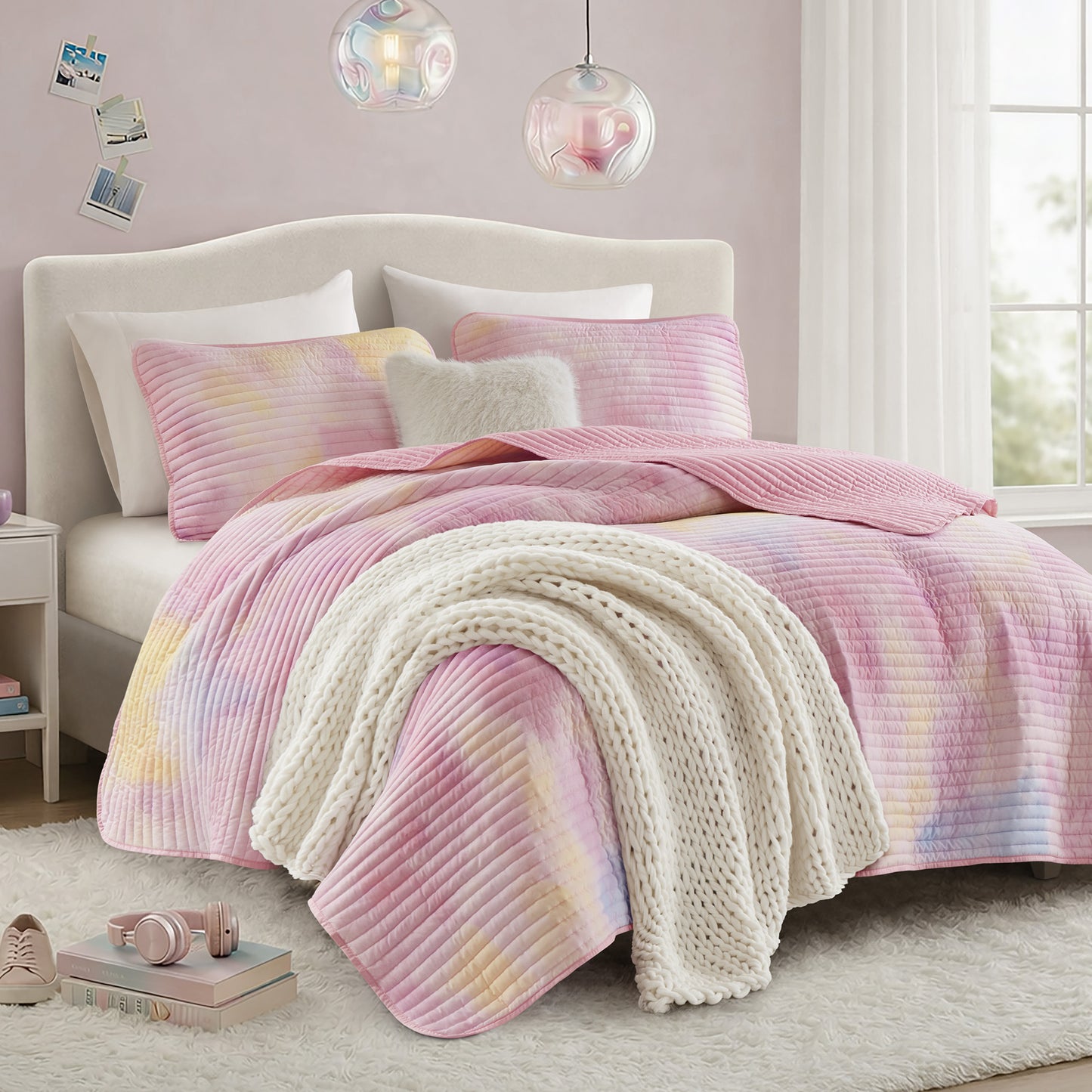 Cassiopeia Watercolor Tie Dye Printed Quilt Set with Throw Pillow