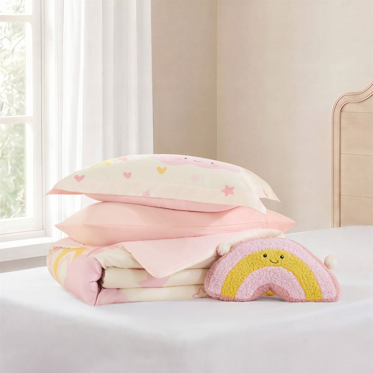 Sunshine 3D Sherpa Detail Comforter Set (with Rainbow Shaped Decorative Pillow)