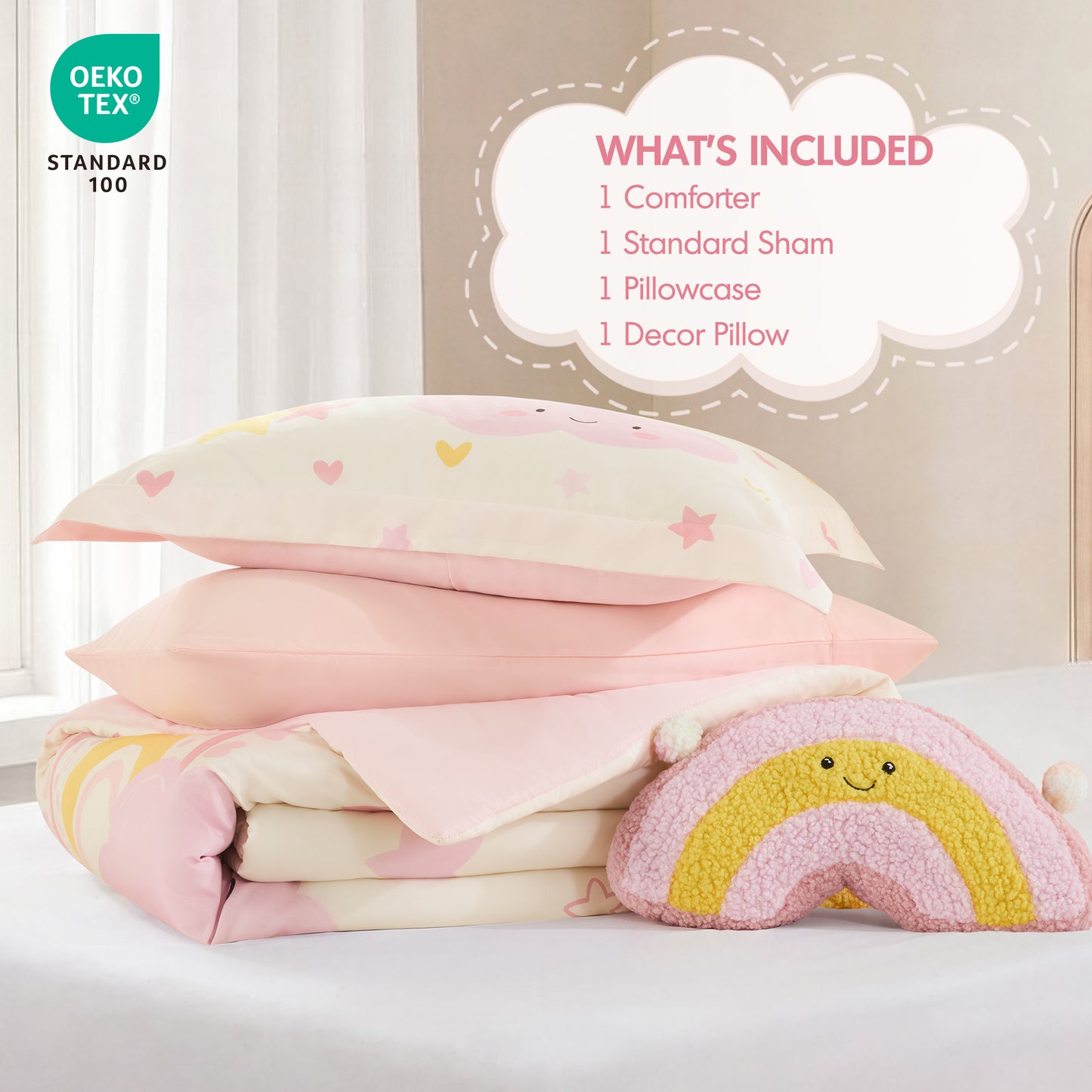 Sunshine 3D Sherpa Detail Comforter Set (with Rainbow Shaped Decorative Pillow)