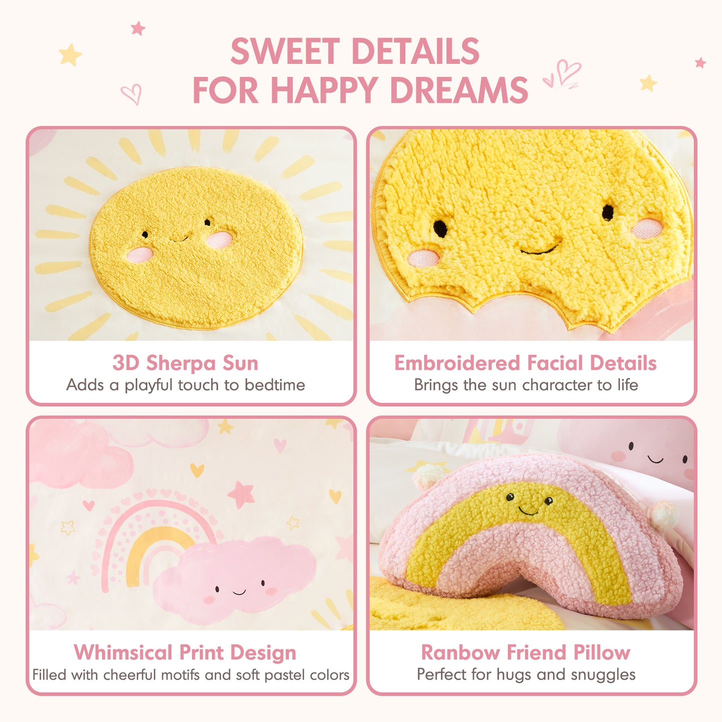 Sunshine 3D Sherpa Detail Comforter Set (with Rainbow Shaped Decorative Pillow)