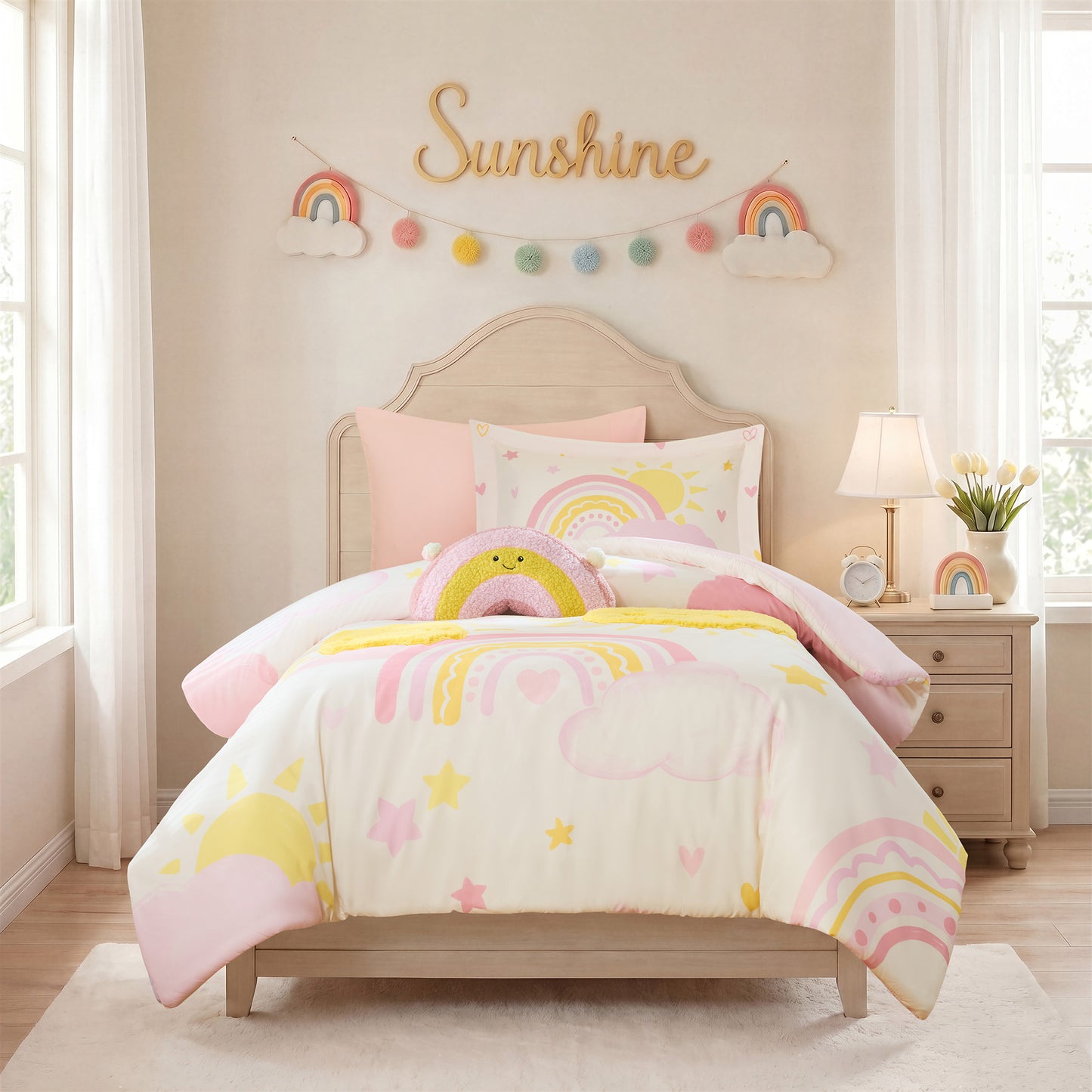 Sunshine 3D Sherpa Detail Comforter Set (with Rainbow Shaped Decorative Pillow)