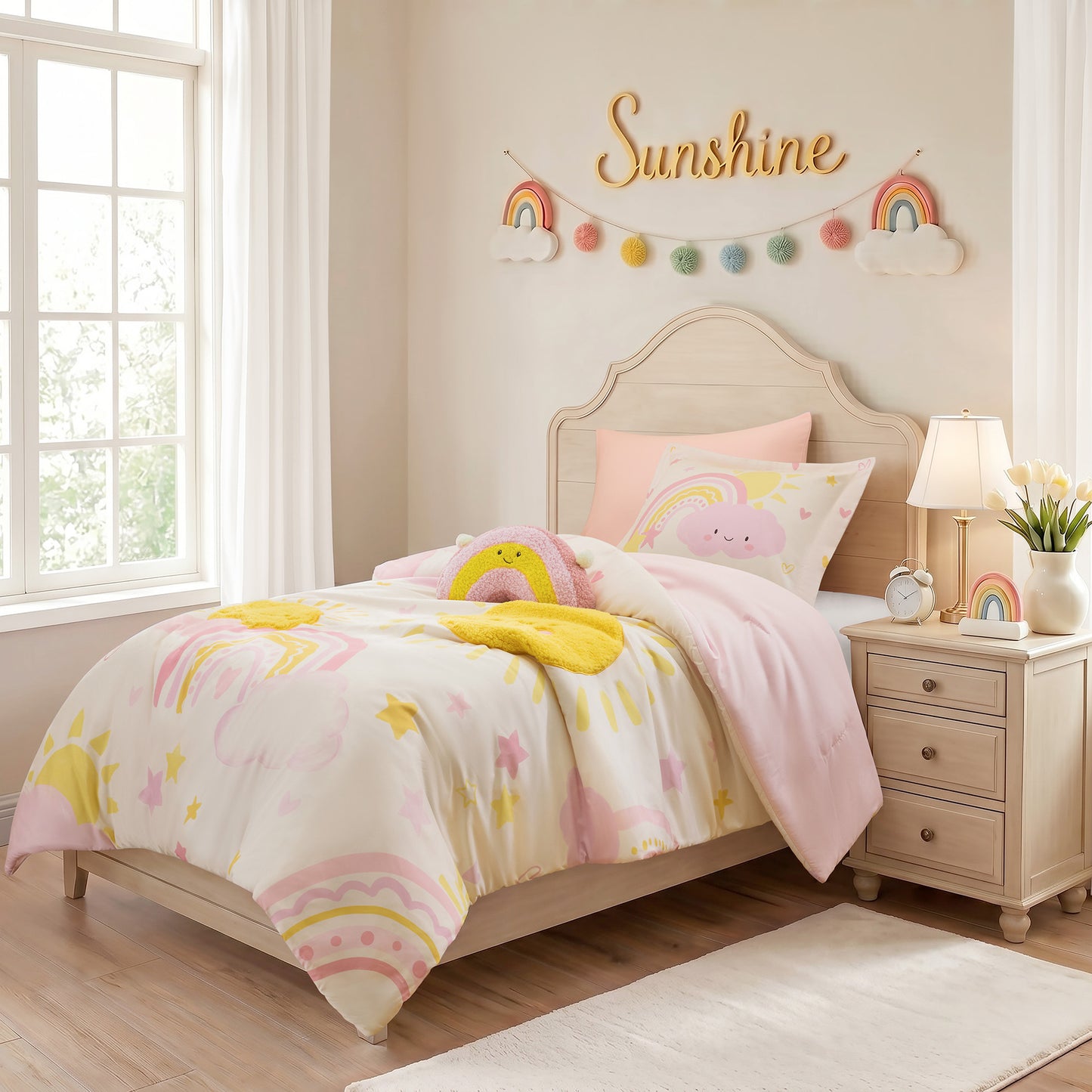 Sunshine 3D Sherpa Detail Comforter Set (with Rainbow Shaped Decorative Pillow)