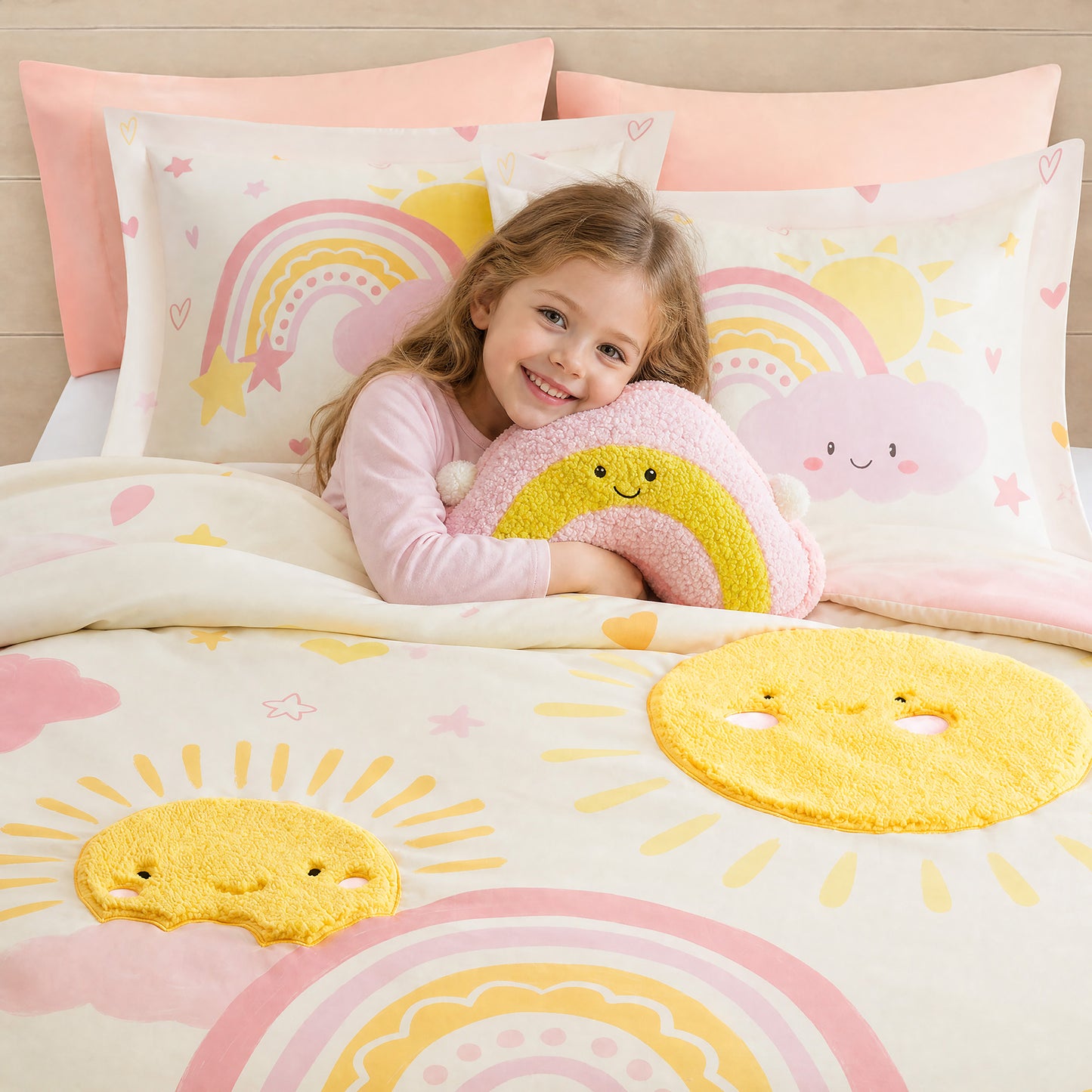 Sunshine 3D Sherpa Detail Comforter Set (with Rainbow Shaped Decorative Pillow)