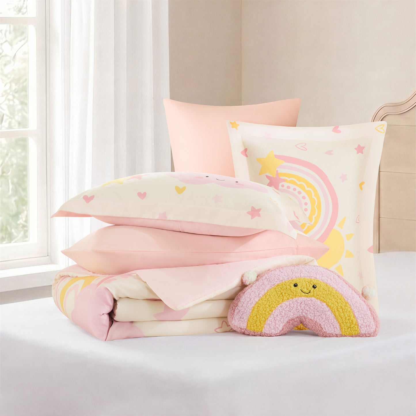 Sunshine 3D Sherpa Detail Comforter Set (with Rainbow Shaped Decorative Pillow)