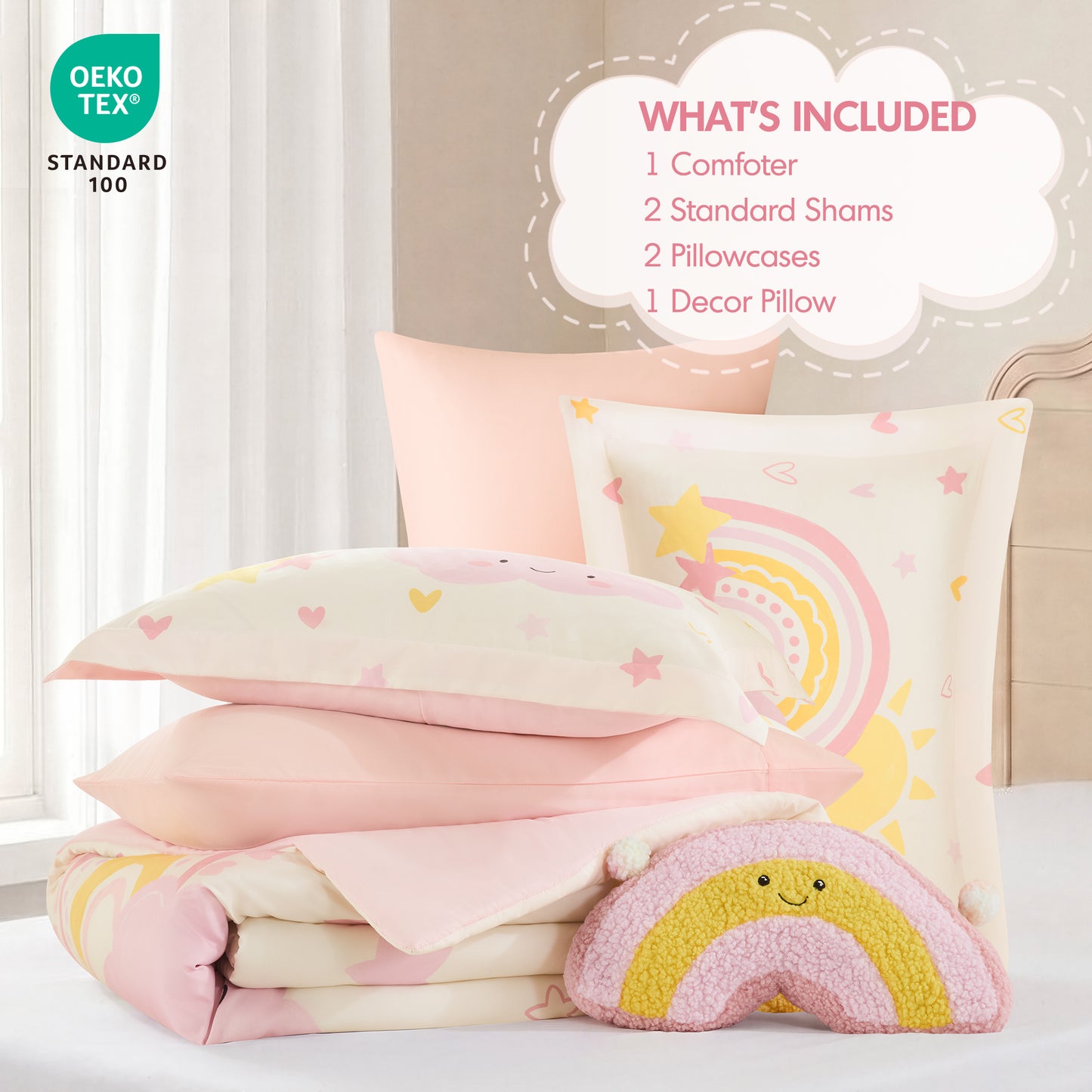 Sunshine 3D Sherpa Detail Comforter Set (with Rainbow Shaped Decorative Pillow)