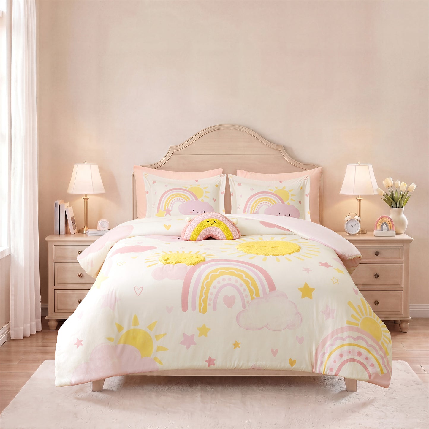 Sunshine 3D Sherpa Detail Comforter Set (with Rainbow Shaped Decorative Pillow)