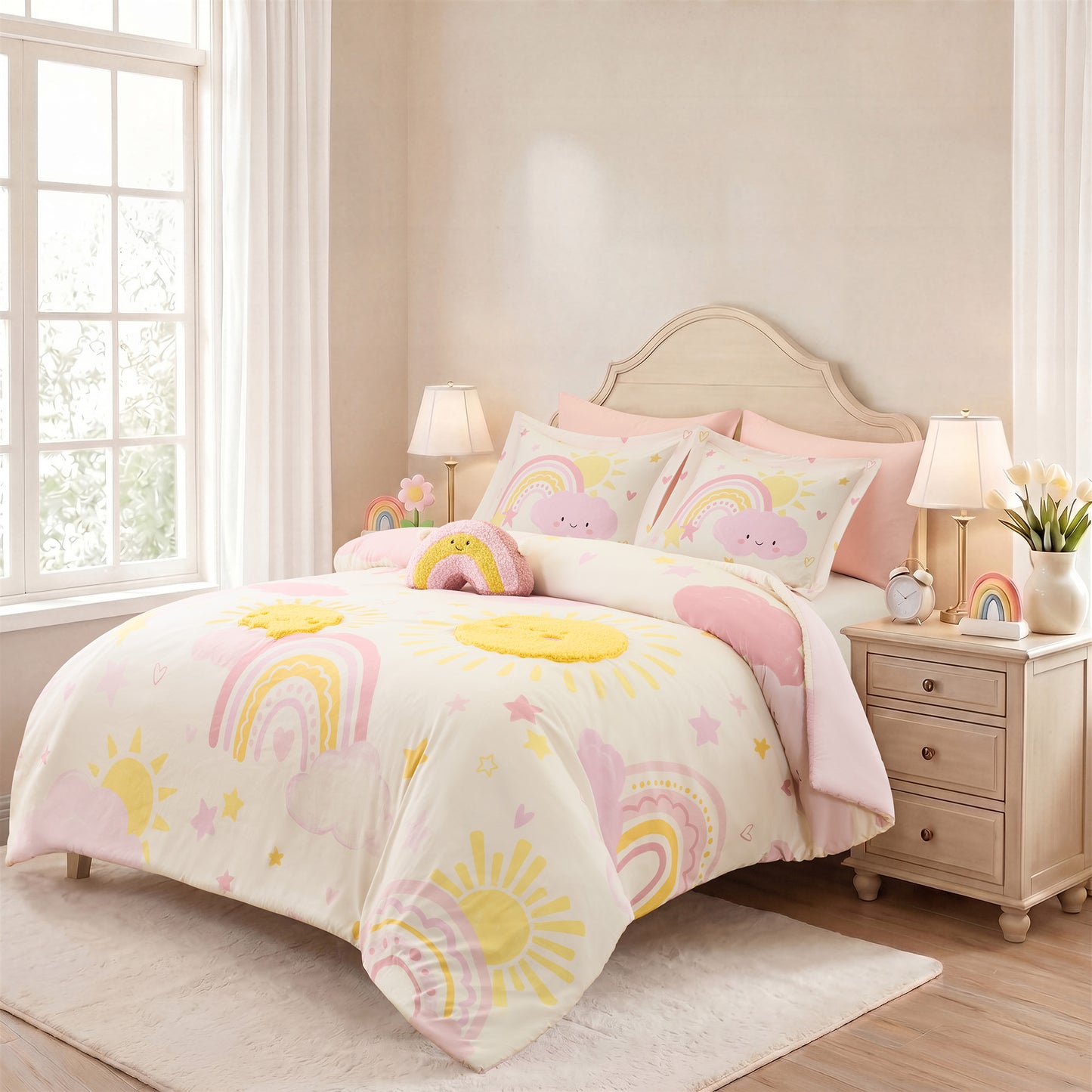 Sunshine 3D Sherpa Detail Comforter Set (with Rainbow Shaped Decorative Pillow)