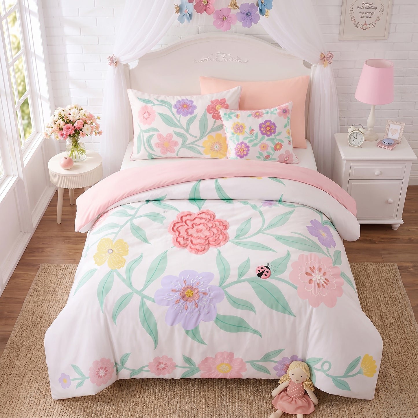 Floral Fringe Trimmed Plush Embroidery Comforter Set (with Embroidered Decorative Pillow)