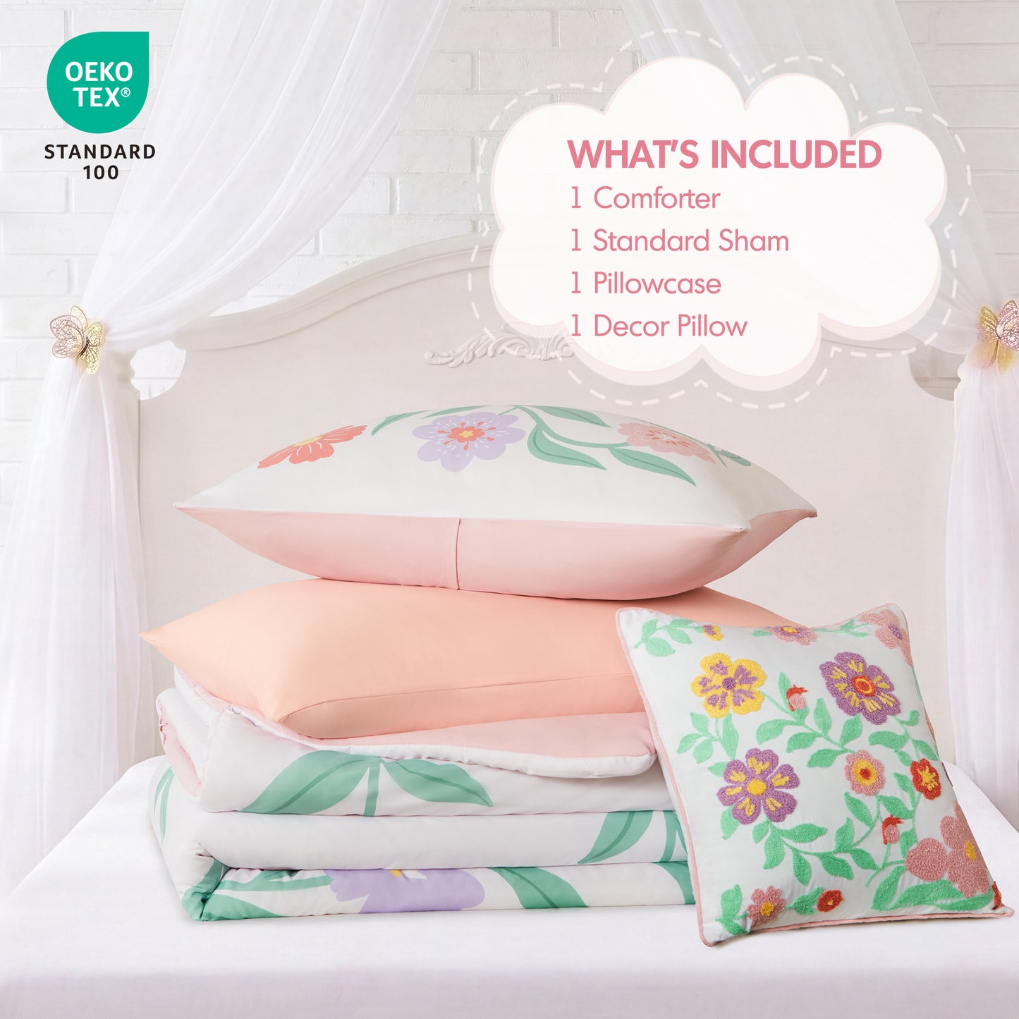 Floral Fringe Trimmed Plush Embroidery Comforter Set (with Embroidered Decorative Pillow)