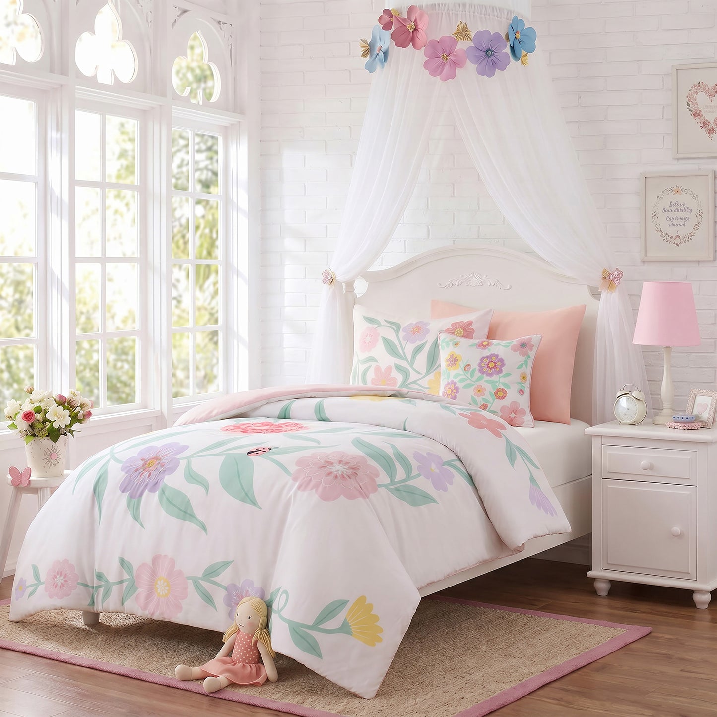 Floral Fringe Trimmed Plush Embroidery Comforter Set (with Embroidered Decorative Pillow)
