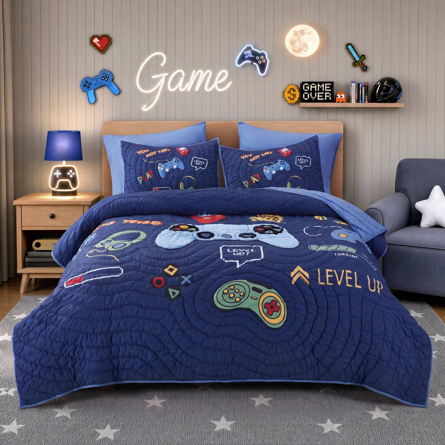 Game Controller 3D Hand-stitched Quilt Set (with Game Controller Shaped Decorative Pillow)