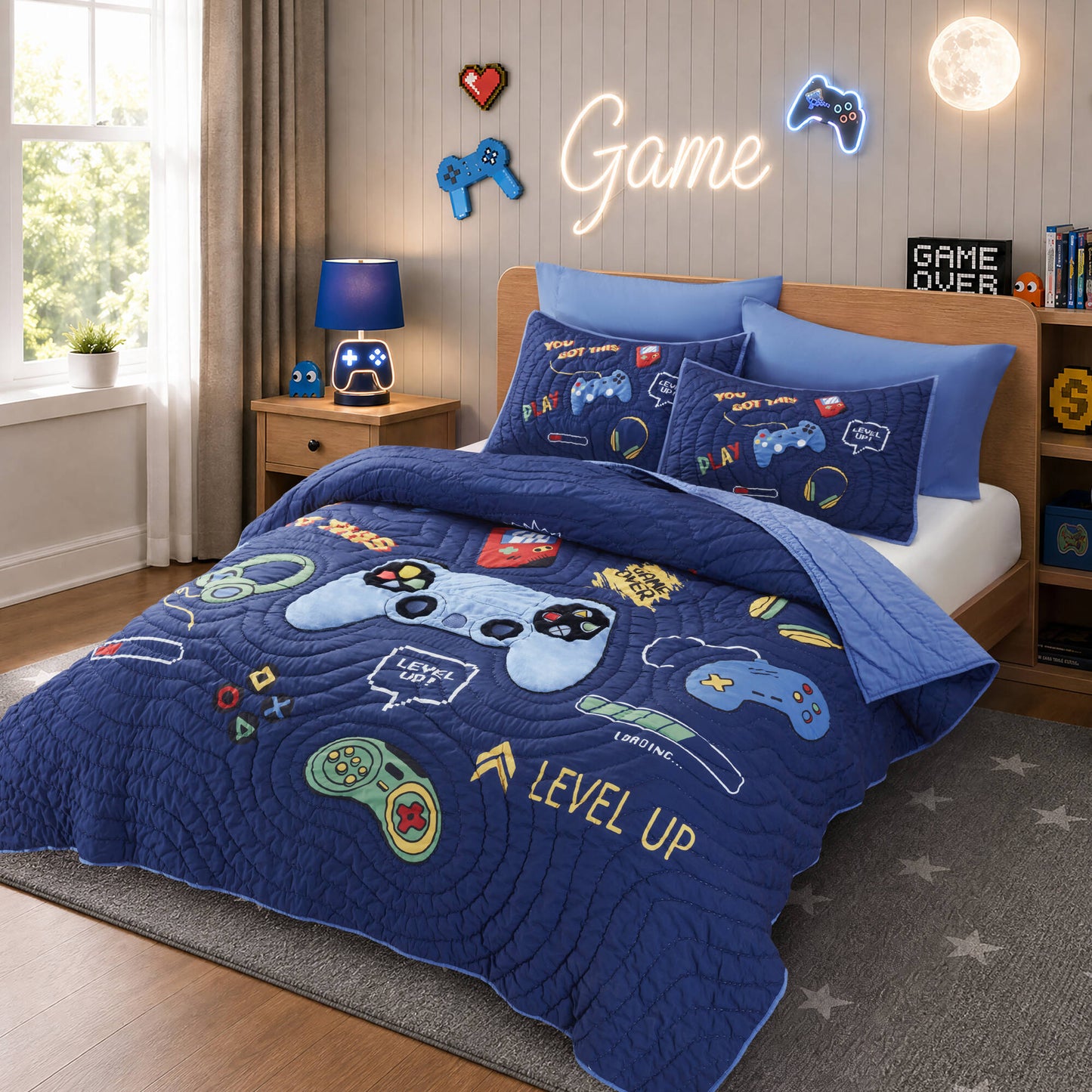 Game Controller 3D Hand-stitched Quilt Set (with Game Controller Shaped Decorative Pillow)