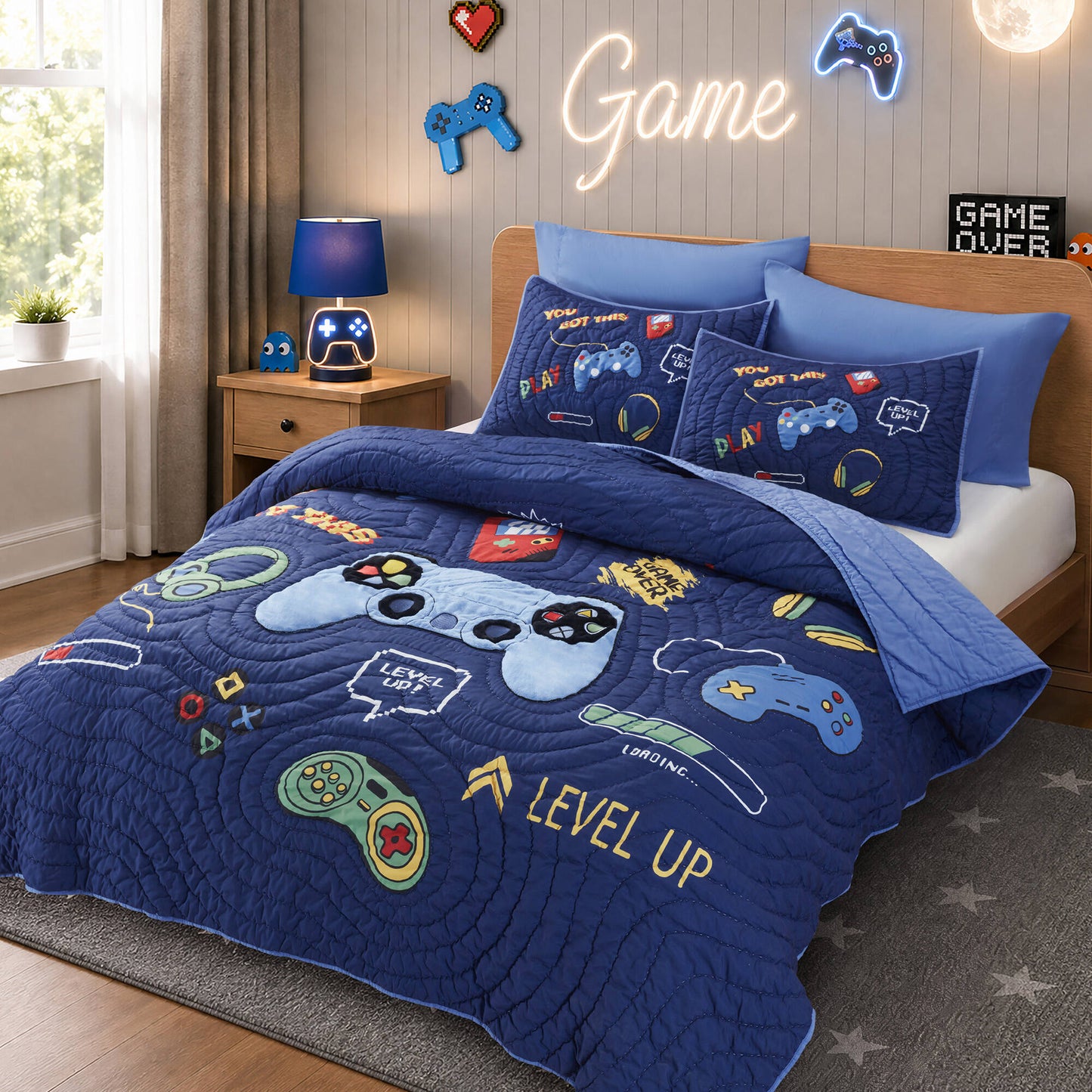 Game Controller 3D Hand-stitched Quilt Set (with Game Controller Shaped Decorative Pillow)