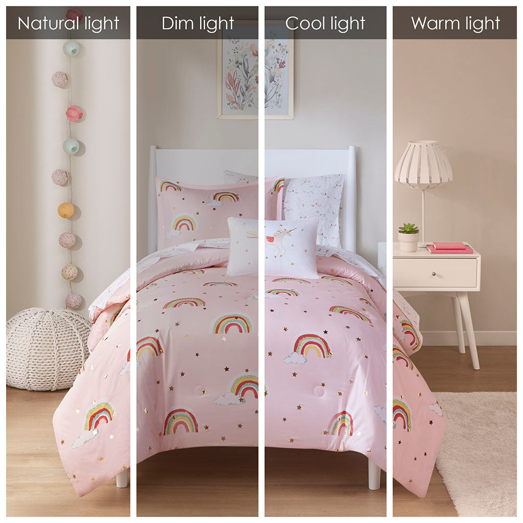 Alicia Rainbow and Metallic Stars Comforter Set with Bed Sheets