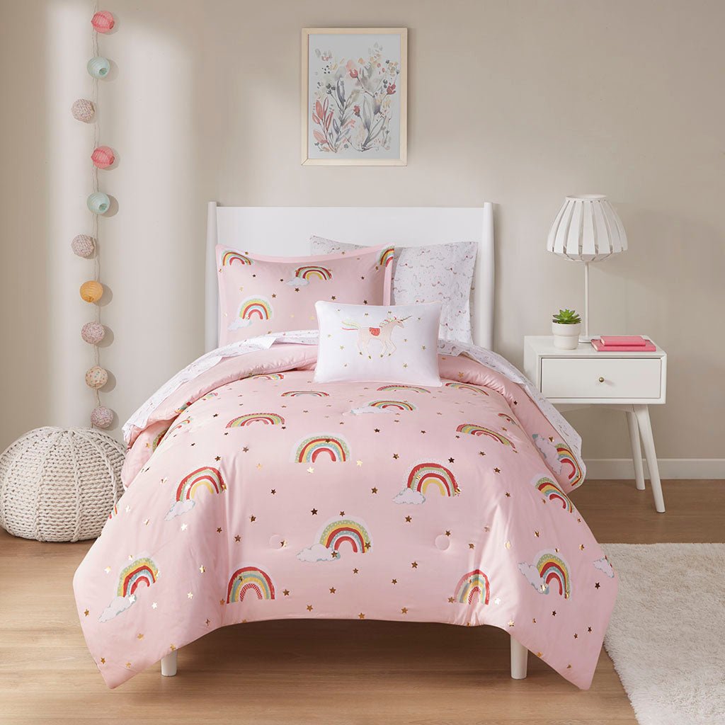 Alicia Rainbow and Metallic Stars Comforter Set with Bed Sheets
