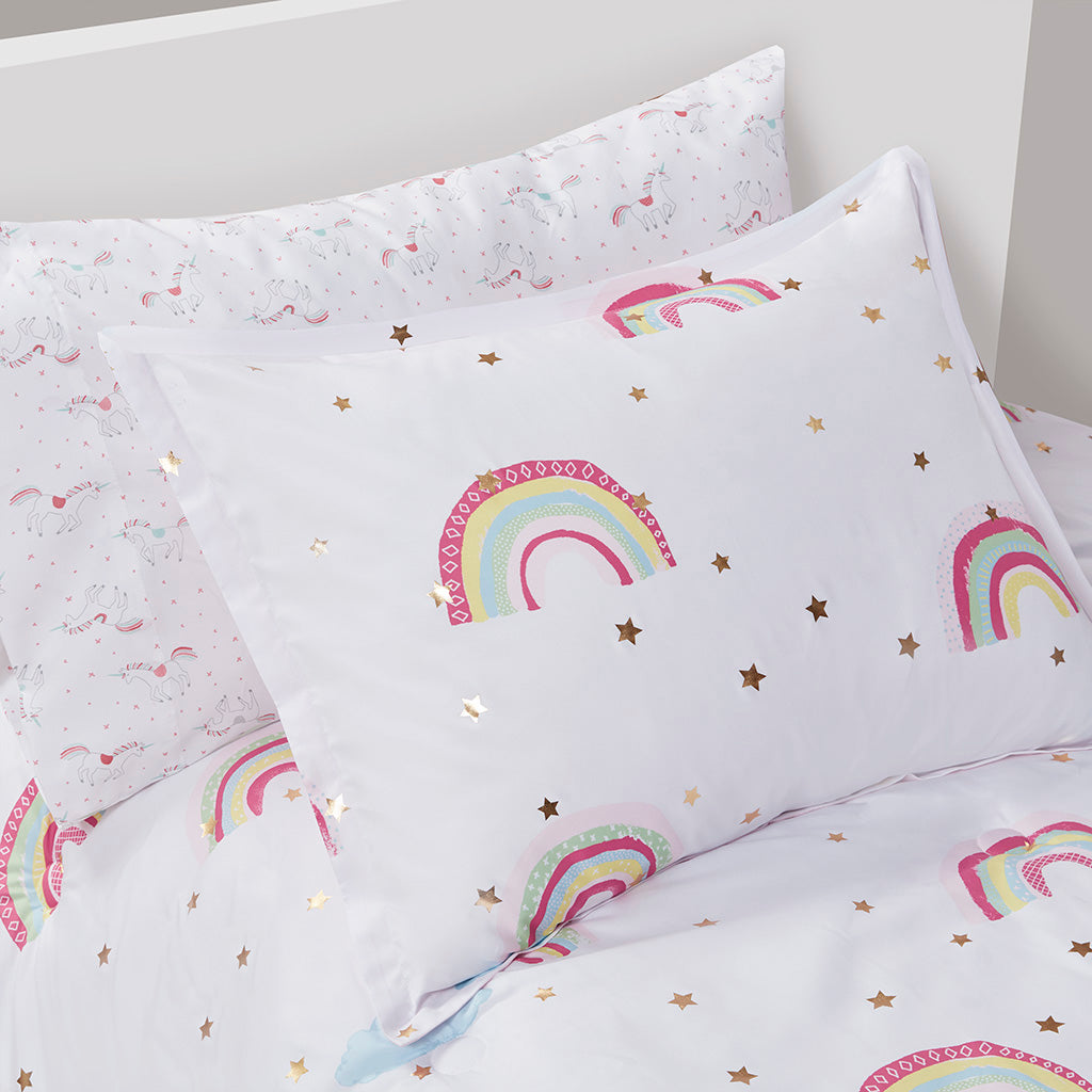 Alicia Rainbow and Metallic Stars Comforter Set with Bed Sheets