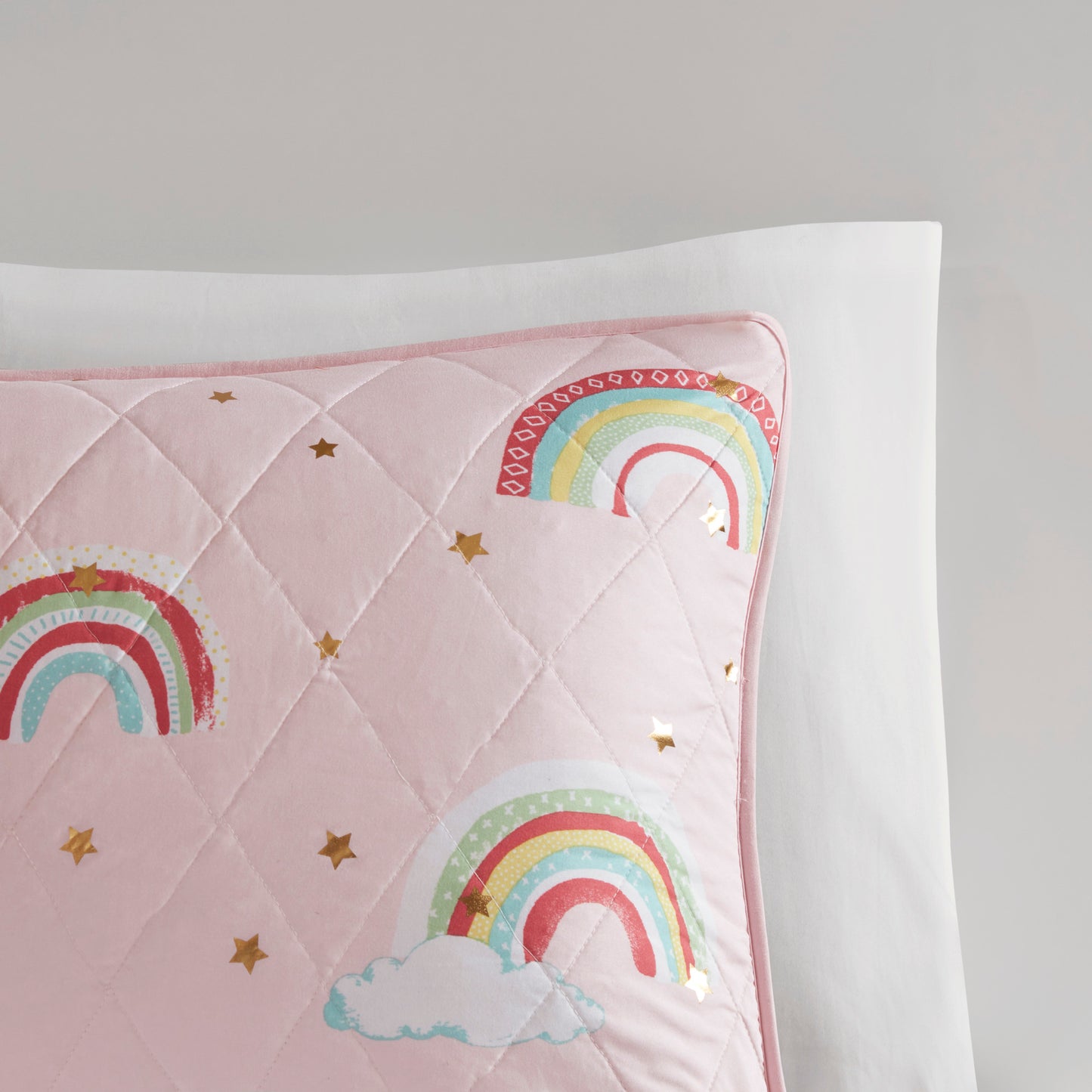 Alicia Rainbow with Metallic Printed Stars Reversible Quilt Set with Throw Pillow