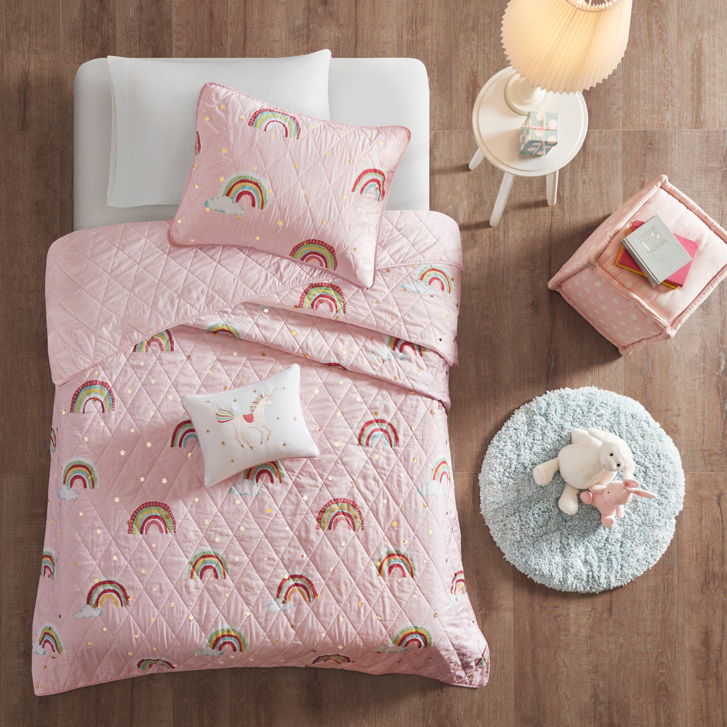 Alicia Rainbow with Metallic Printed Stars Reversible Quilt Set with Throw Pillow
