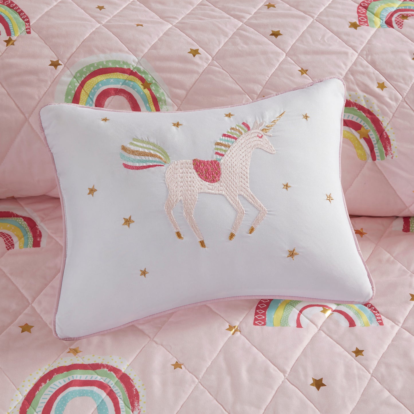 Alicia Rainbow with Metallic Printed Stars Reversible Quilt Set with Throw Pillow