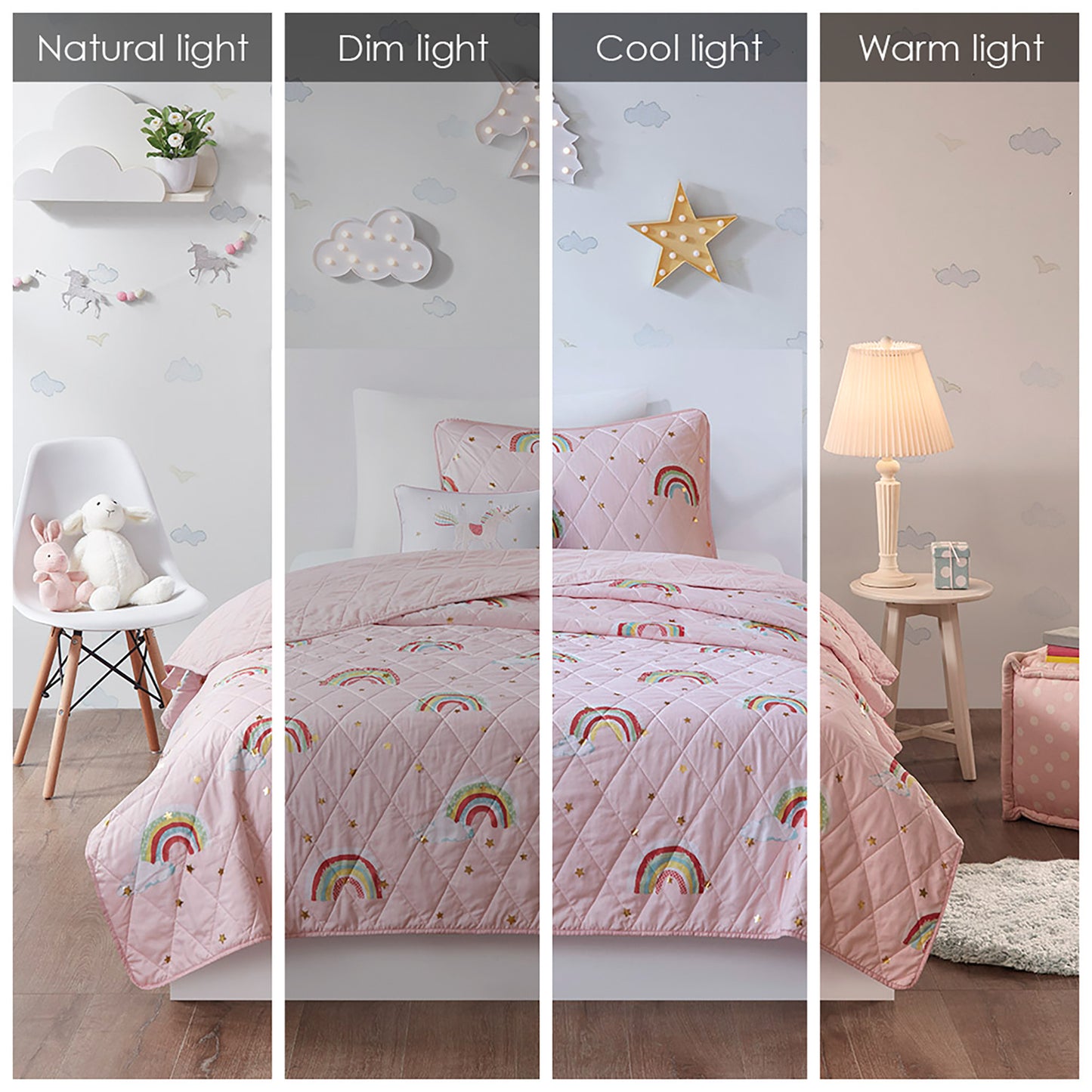 Alicia Rainbow with Metallic Printed Stars Reversible Quilt Set with Throw Pillow