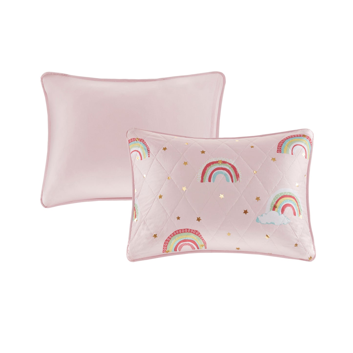 Alicia Rainbow with Metallic Printed Stars Reversible Quilt Set with Throw Pillow