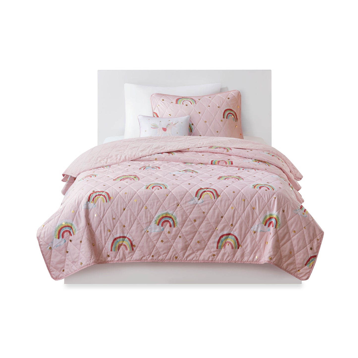 Alicia Rainbow with Metallic Printed Stars Reversible Quilt Set with Throw Pillow