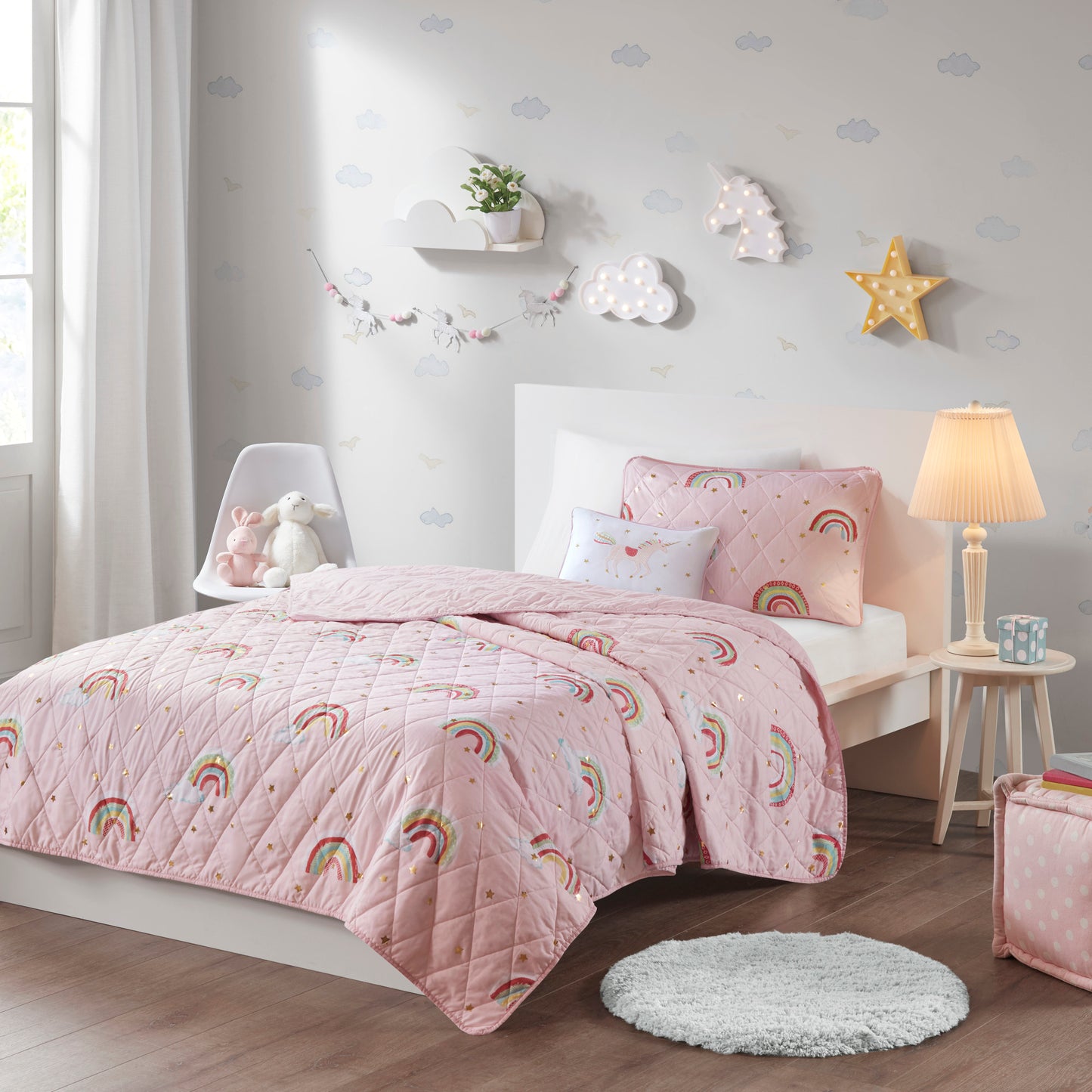 Alicia Rainbow with Metallic Printed Stars Reversible Quilt Set with Throw Pillow