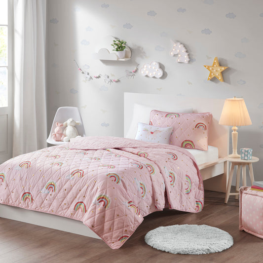 Alicia Rainbow with Metallic Printed Stars Reversible Quilt Set with Throw Pillow