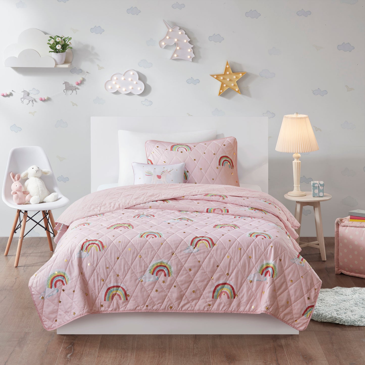 Alicia Rainbow with Metallic Printed Stars Reversible Quilt Set with Throw Pillow