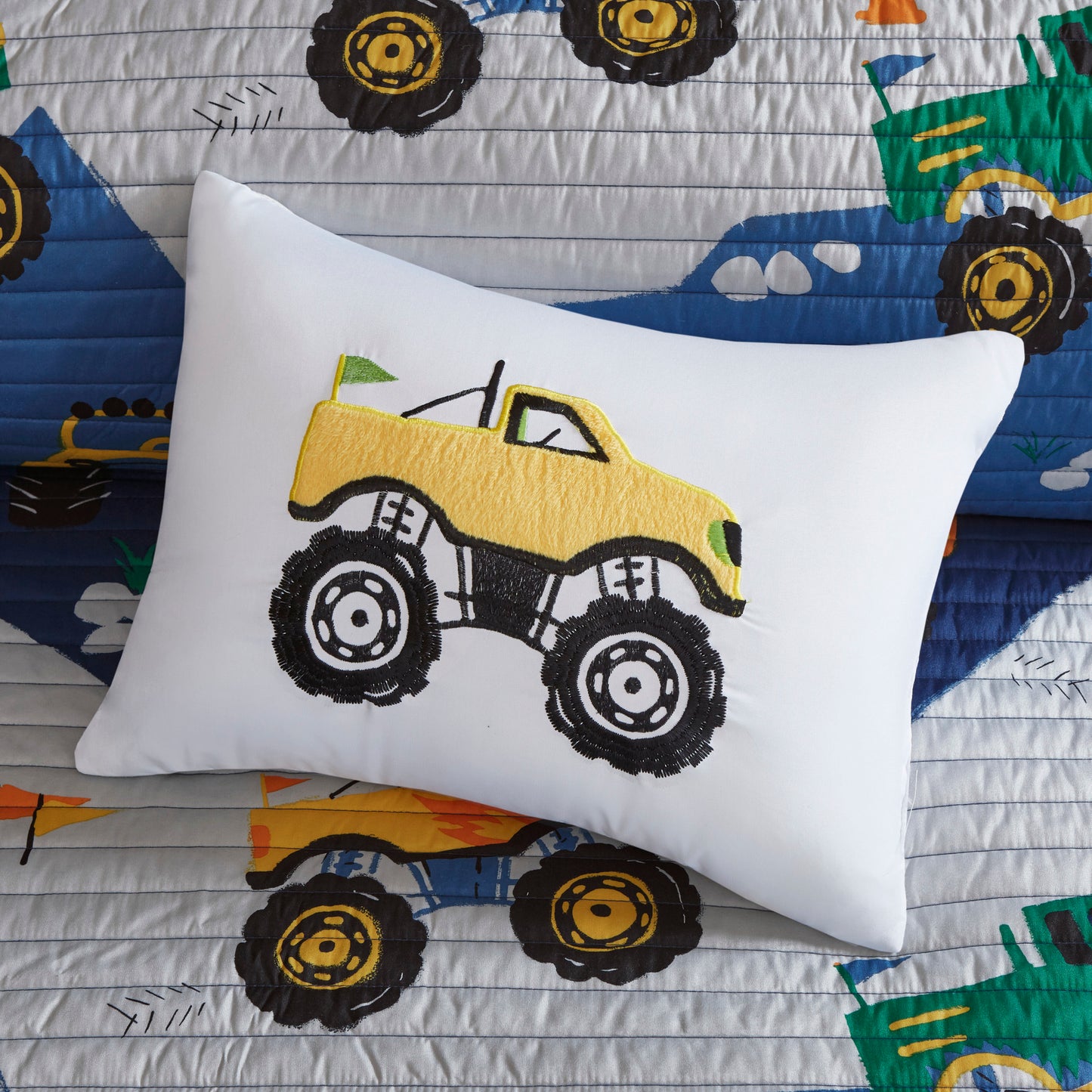 Nash Monster Truck Reversible Quilt Set with Throw Pillow