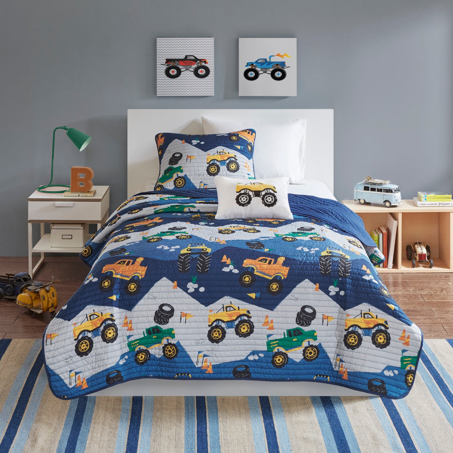 Nash Monster Truck Reversible Quilt Set with Throw Pillow