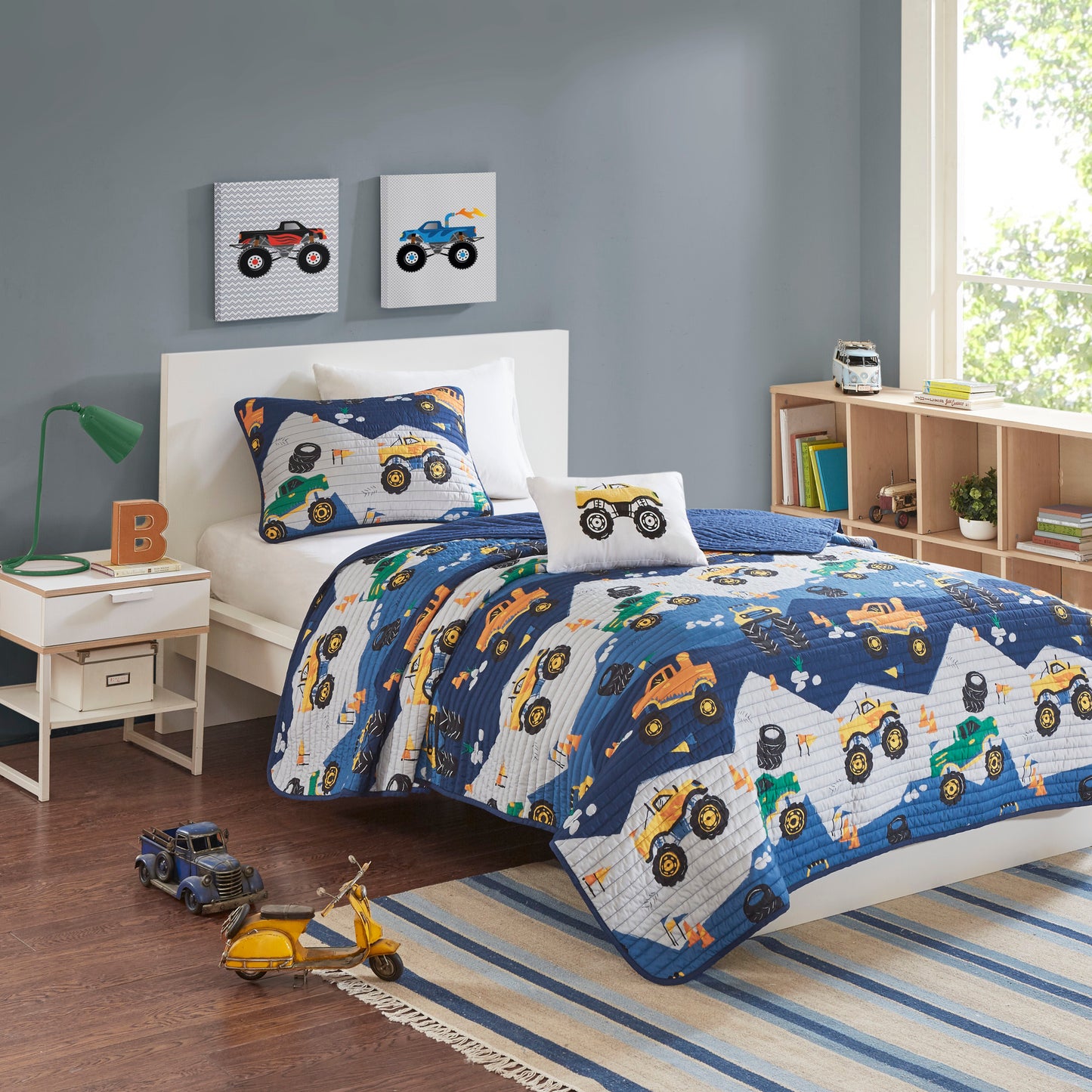 Nash Monster Truck Reversible Quilt Set with Throw Pillow