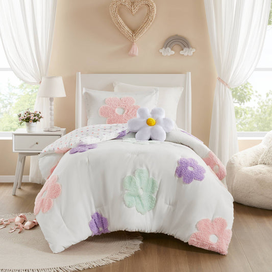 Gracie Floral Reversible Tufted Chenille Comforter Set with Flower Throw Pillow