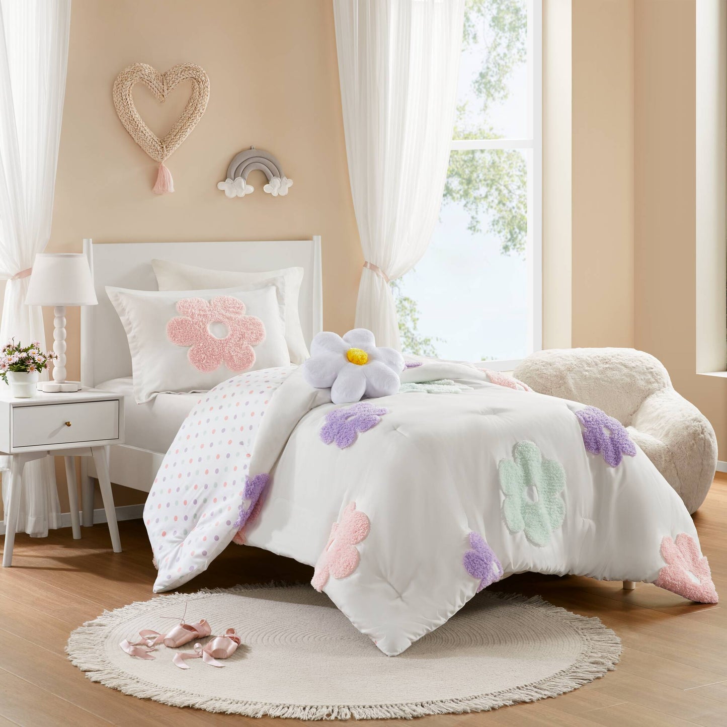 Gracie Floral Reversible Tufted Chenille Comforter Set with Flower Throw Pillow