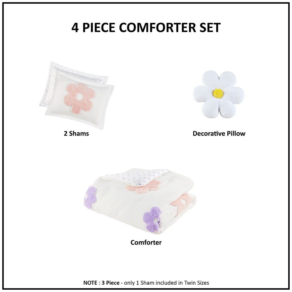 Gracie Floral Reversible Tufted Chenille Comforter Set with Flower Throw Pillow