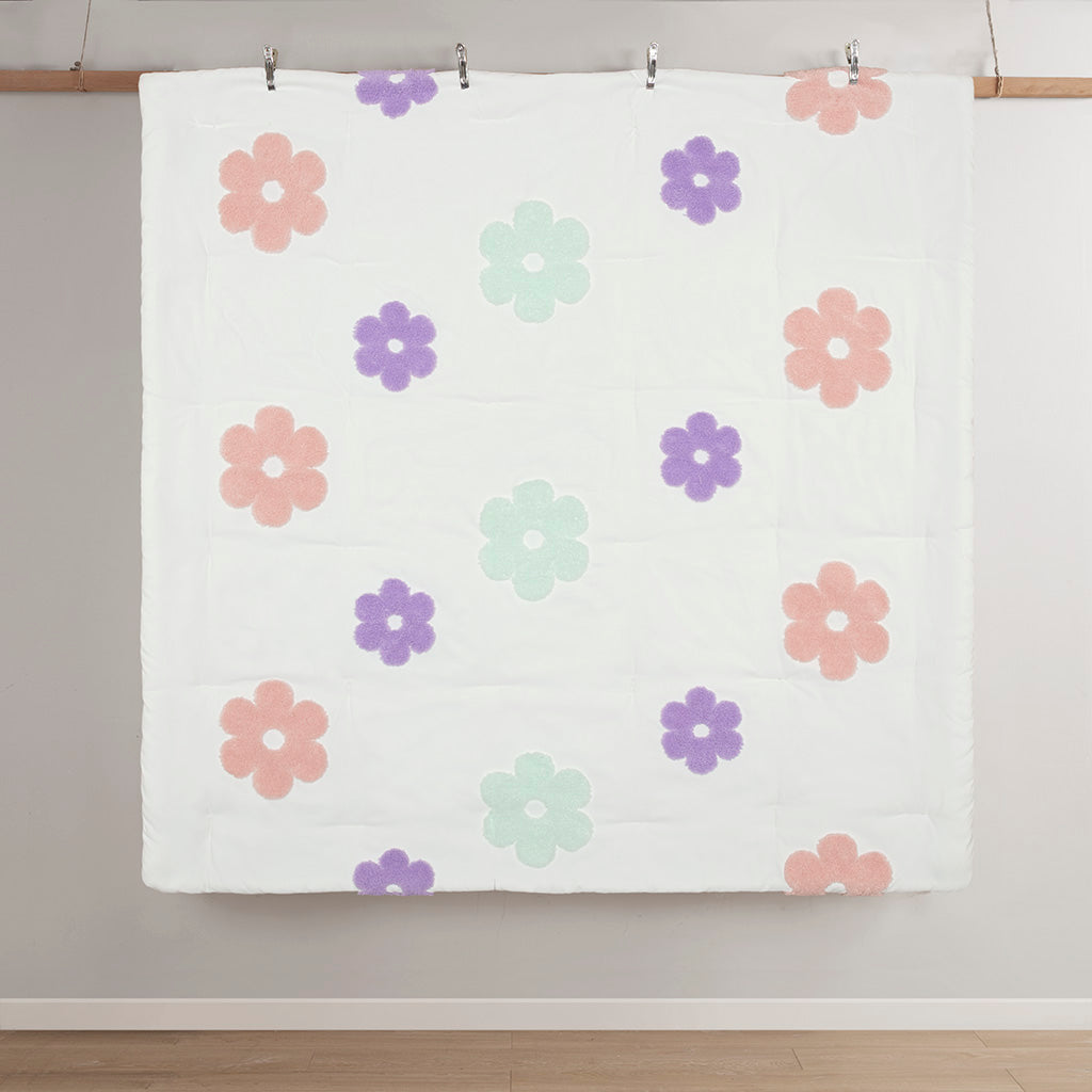 Gracie Floral Reversible Tufted Chenille Comforter Set with Flower Throw Pillow