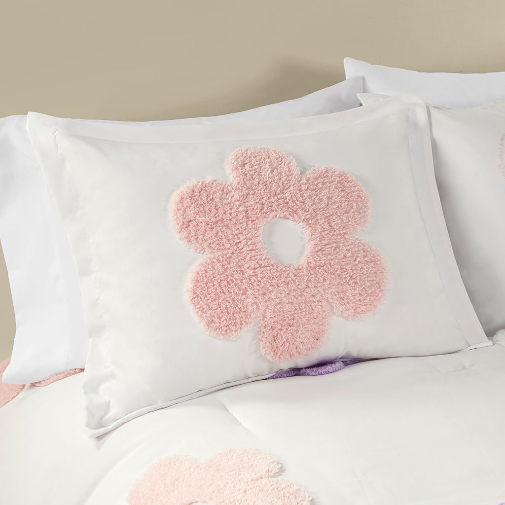 Gracie Floral Reversible Tufted Chenille Comforter Set with Flower Throw Pillow