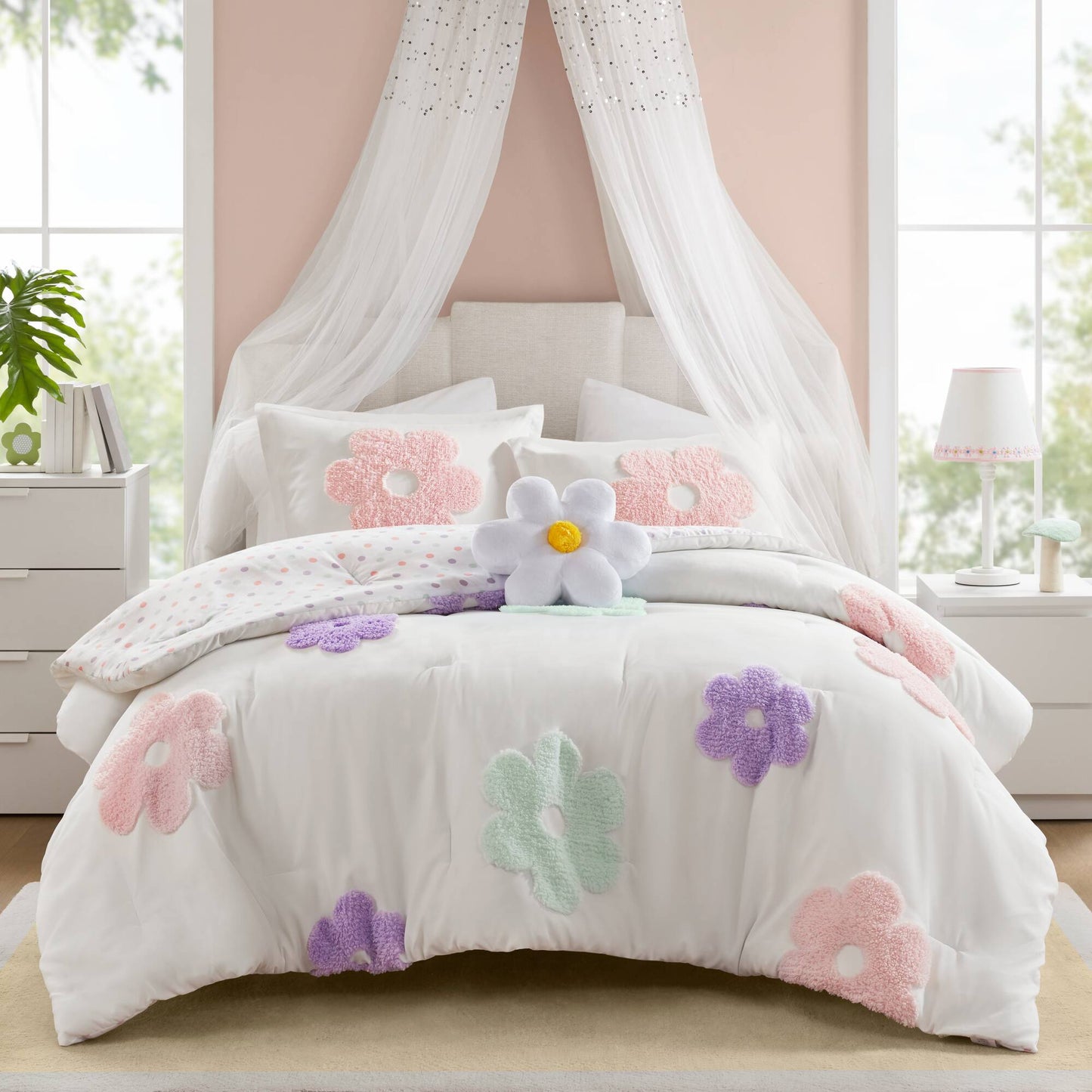 Gracie Floral Reversible Tufted Chenille Comforter Set with Flower Throw Pillow